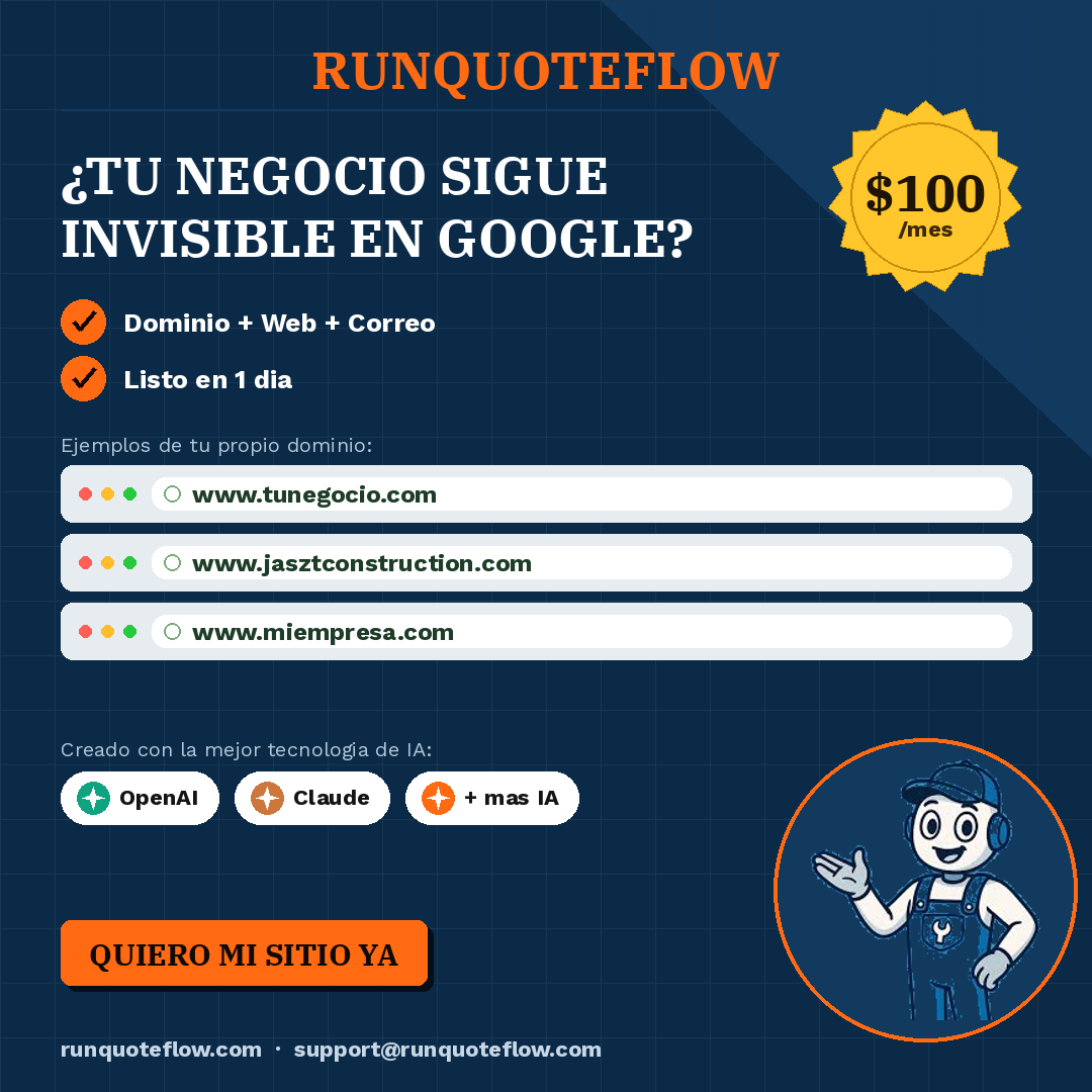 Plan Presencia Básica de RunQuoteFlow: dominio personalizado, sitio web y correo corporativo por 99€ al mes