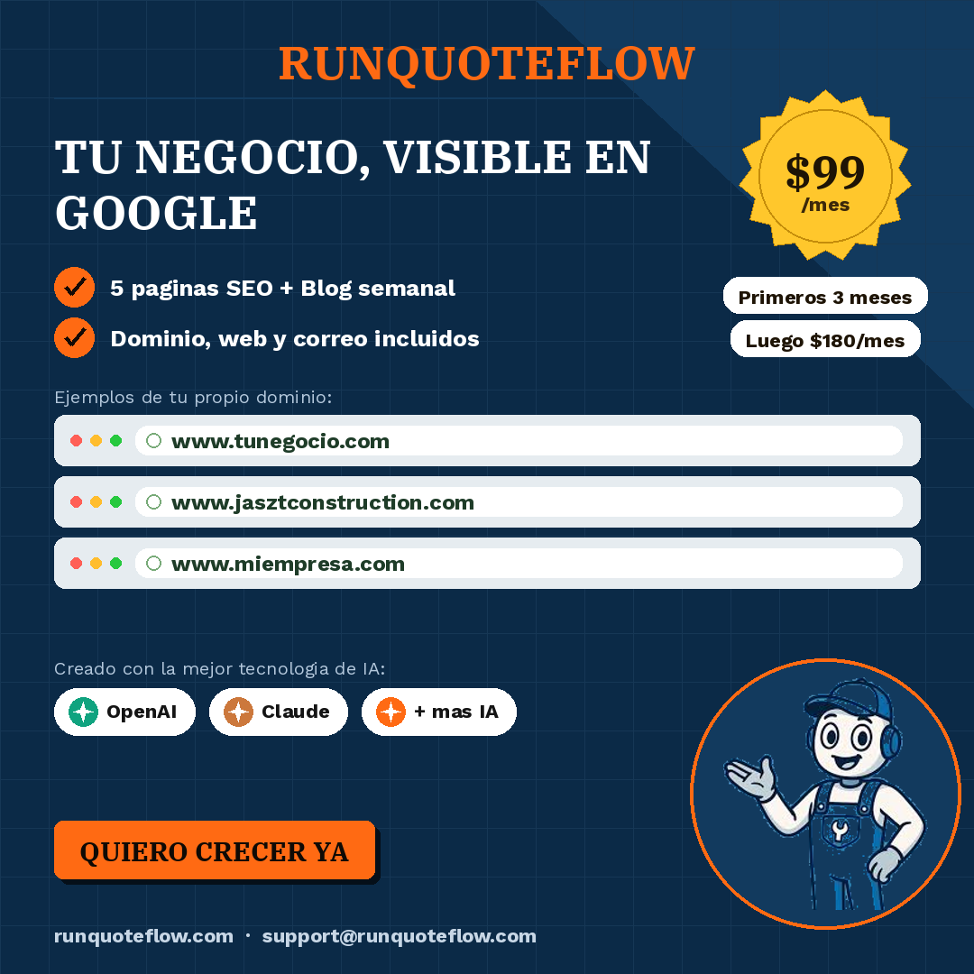Plan Presencia Completa de RunQuoteFlow: sitio web, páginas SEO locales y blogs mensuales, 99€ al mes los primeros 3 meses